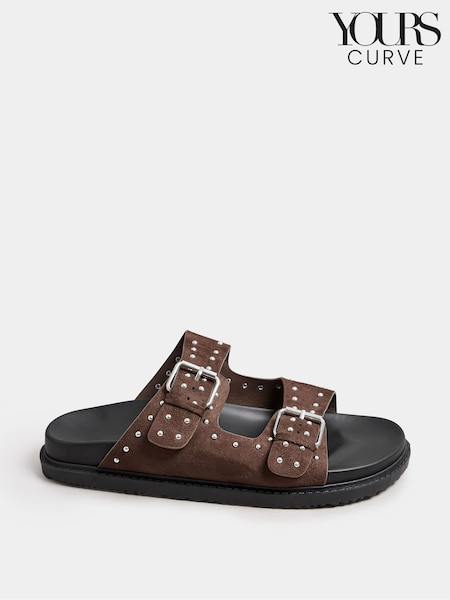 Yours Curve Brown Extra Wide Fit Extra-Wide Fit Studded Buckle Sliders (F42814) | ₪171