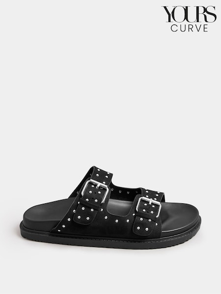 Yours Curve Black Extra Wide Fit Extra-Wide Fit Studded Buckle Sliders (F42818) | ₪171