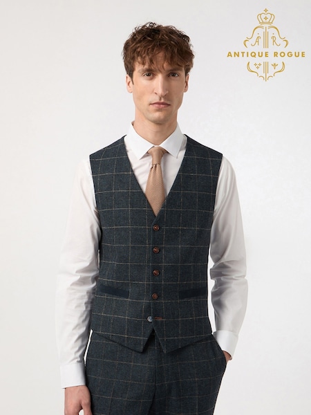 Antique Rogue Blue Dax Teal Herringbone Check Waistcoat (F42845) | SGD 163