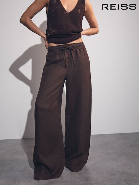 Reiss Chocolate Brown Willow Petite Linen-Blend Wide-Leg Trousers (F43028) | ₪948