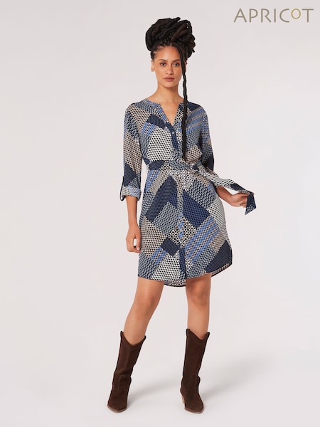 Apricot Blue Geo Patchwork Tie Shirt Dress (F43122) | €51