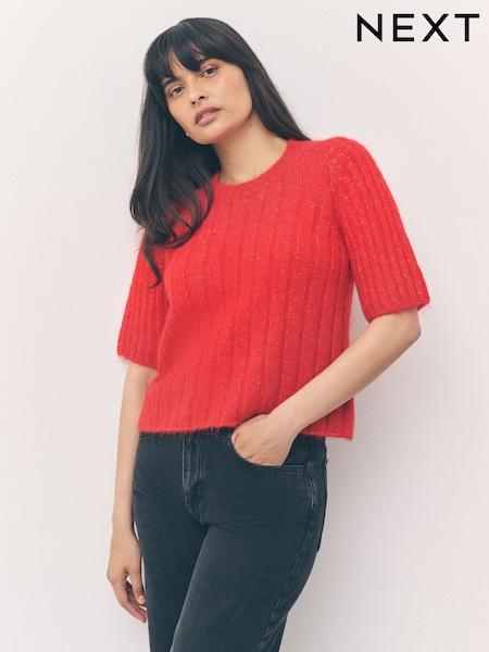 Bright Red Ribbed Crew Neck Knitted T-Shirt With Alpaca Wool (F43131) | €31