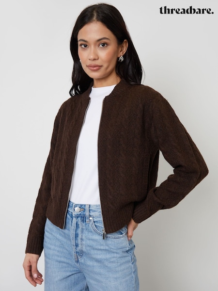 Threadbare Chocolate Brown Zip-Up Cable Knit Bomber Jacket (F43167) | $58