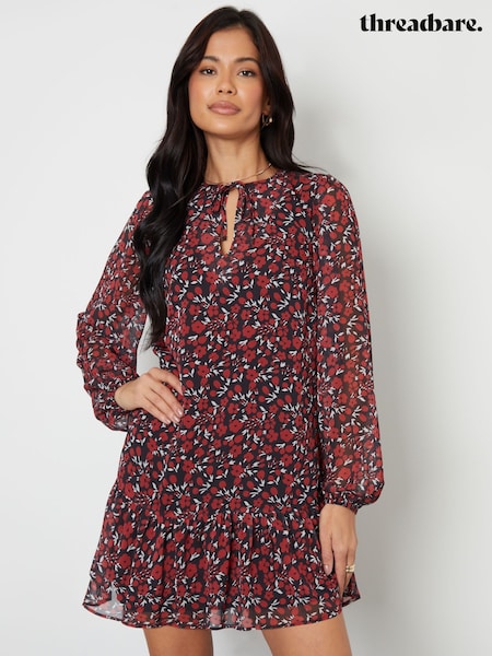 Threadbare Red Floral Tie Front Ruffle Mini Dress (F43170) | €48