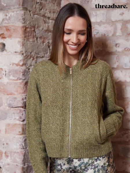 ירוק - Threadbare Zip-Up Cable Knit Bomber Jacket (F43176) | ‏171‏₪