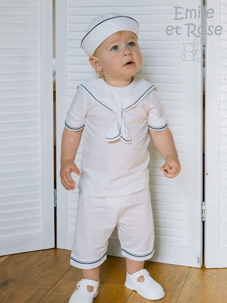 Emile Et Rose Linen Style Sailor Collar & Trim 100% Cotton 2Pc Shorts & Hat Set (F43236) | 277 QAR
