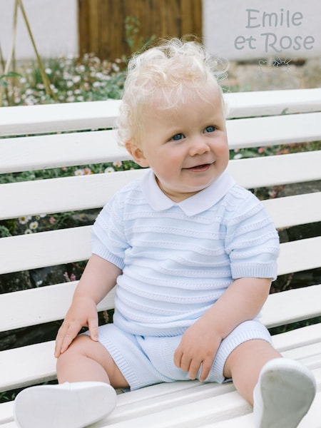 Emile Et Rose Blue Knitted 2pc With Ridge Striped 100% Cotton Top & Plain Shorts Set (F43237) | ₪216