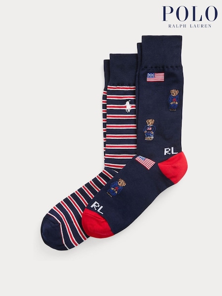 Polo Ralph Lauren 100% Cotton Stripe Polo Bear Flag Crew Socks 2 Pack (F43289) | 45 €