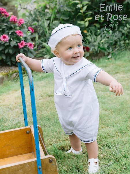 Emile Et Rose 100% Cotton Linen Style Sailor White Romper With Collar, Emb & Hat (F43299) | 267 QAR