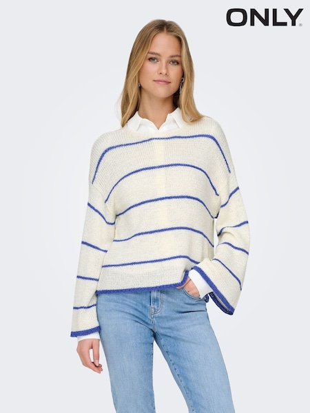 ONLY White Loose Round Neck Stripe Jumper (F43470) | kr400
