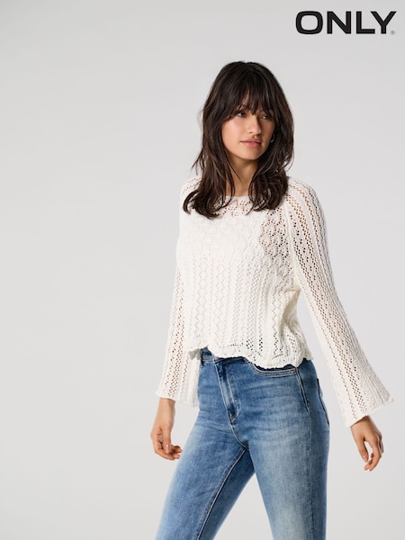ONLY Cream 3/4 Sleeve Crochet Jumper (F43475) | ₪111