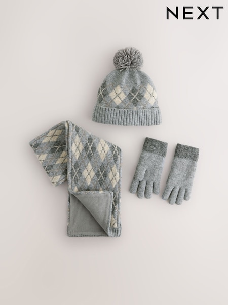 Grey/White Argyle Hat Scarf & Gloves Set 3 Piece (3-16yrs) (F43516) | AED91 - AED102