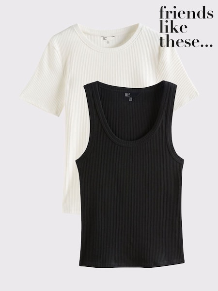 Friends Like These Black and Ivory 100% Cotton Ribbed Jersey Tops and Vests 2 Pack (F43517) | 134 QAR