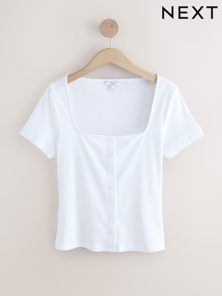 White Short Sleeve Ribbed Button Through Top (F43605) | 72 QAR