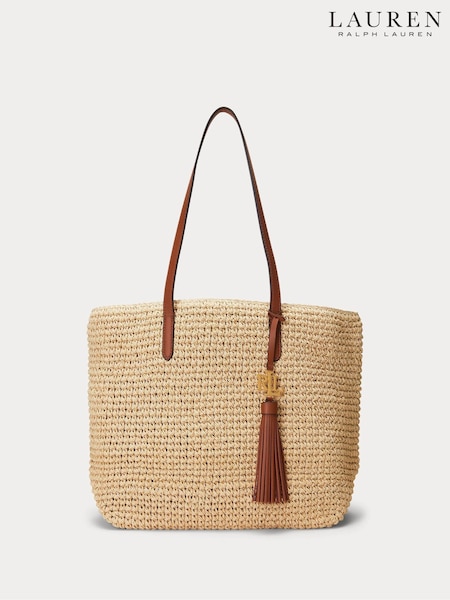Lauren Ralph Lauren Raffia Logo 100% Cotton Tan Brown Bag (F43704) | €253