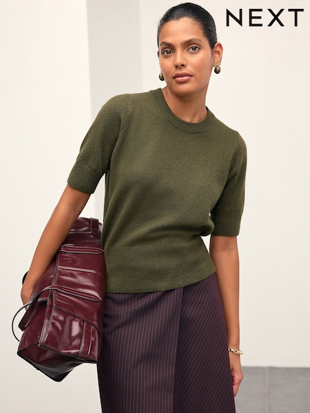 Khaki Green Super Soft Short Sleeve Knitted Top (F43826) | €20