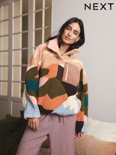 Orange/Green Abstract Print Borg Half Zip Fleece (F43868) | €52
