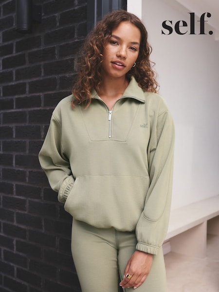 self. Sage Green Half Zip Modal Sweatshirt (F43894) | AED303