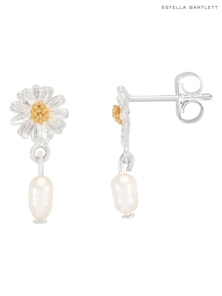 Estella Bartlett Silver Tone Flower Pearl Drop Studs Earrings (F43948) | €32