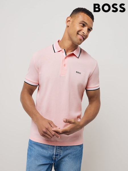 BOSS Baby Pink Regular Fit Paddy Tipped Collar 100% Cotton Polo Shirt (F44052) | AED518