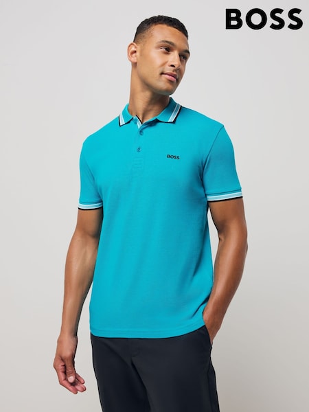 BOSS Sky Blue Regular Fit Paddy Tipped Collar 100% Cotton Polo Shirt (F44057) | 506 QAR