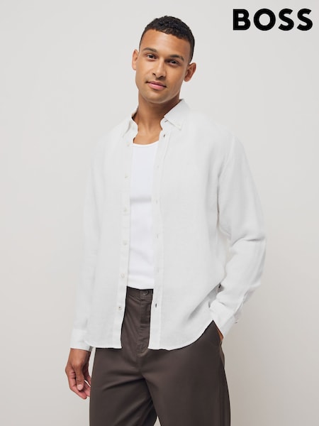 BOSS White Regular Fit Liam 100% Linen Shirt (F44067) | €170