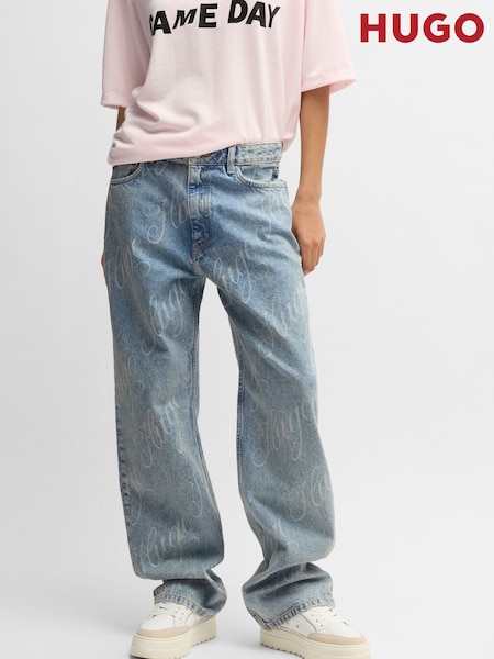 HUGO Blue All-Over Logo Print Straight Leg 100% Cotton Denim Jeans (F44089) | €171