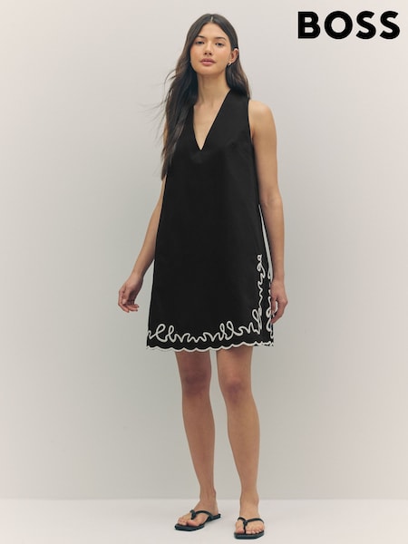 BOSS Black 100% Cotton A Line Embroidered Detail Mini Dress (F44116) | €303