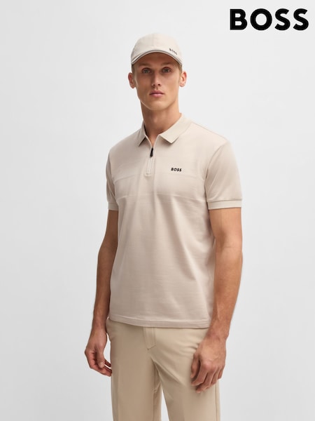 BOSS Beige Regular Fit Golf Philix Zip Neck 100% Cotton Polo Shirt (F44204) | 676 QAR