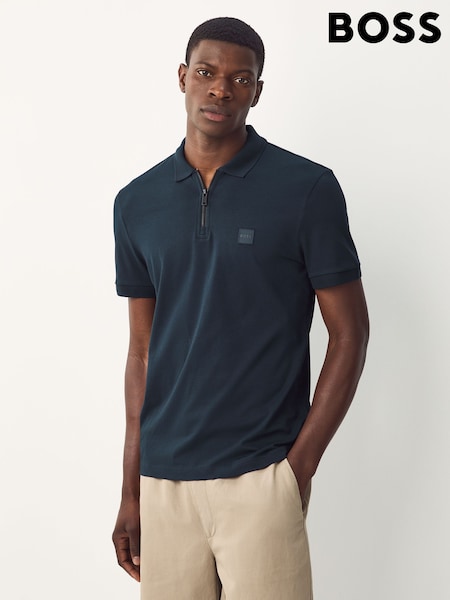 Azul - BOSS Slim Fit Zip Neck Polo Shirt (F44286) | 112 €
