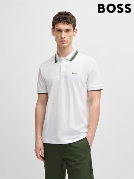 BOSS White Regular Fit Golf 100% Cotton Paddy Contrast Detail Polo Shirt (F44317) | AED577