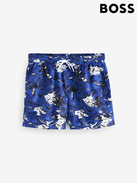 BOSS Blue & White Piranha Printed Swim Shorts (F44371) | AED402