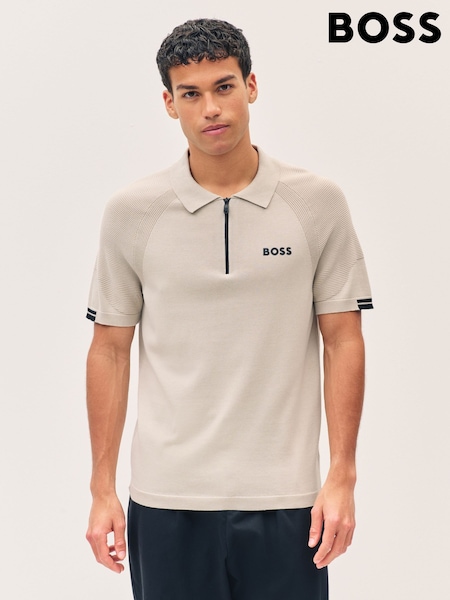 BOSS Beige Slim Fit Zip Neck Knitted Polo Shirt (F44412) | €184
