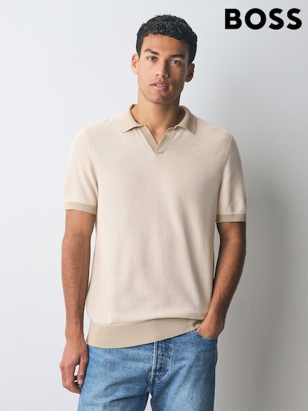 BOSS Beige Trophy Neck Polo Shirt (F44416) | €203