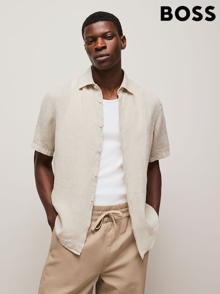 BOSS Beige Regular Fit Short Sleeve 100% Linen Shirt (F44425) | €127