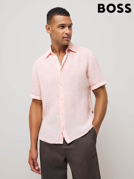 BOSS Pink Regular Fit Short Sleeve 100% Linen Shirt (F44492) | €127