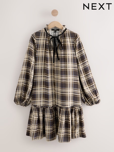 Cheque marrom - Mini Tie Front Tiered Long Sleeve Dress (F44523) | R$ 260