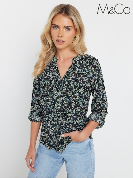 M&Co Black Petite Pintuck Long Sleeve Printed Top (F44577) | R$ 295