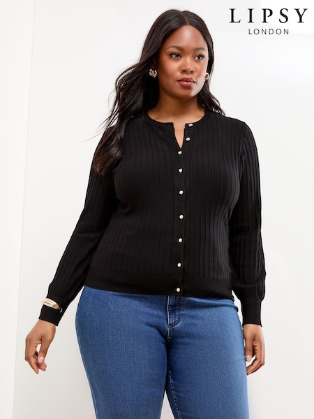 Lipsy Black Curve Knitted Ribbed Crew Neck Buttoned Cardigan (F44621) | €45