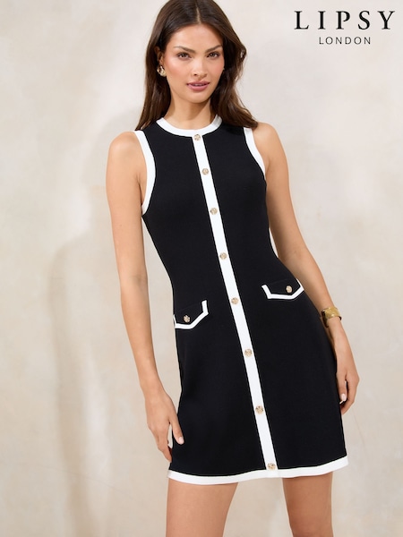 Lipsy Black/White Petite Mini Sleeveless Tipped Button Knit Dress (F44636) | €73