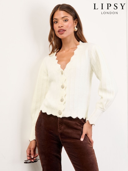 Lipsy Ivory Petite Knitted Scallop Trim V-Neck Embellished Button Cardigan (F44664) | €46
