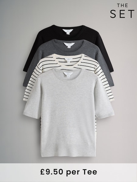 The Set Black/Charcoal Grey/Grey Marl/Cream Stripe 4 Pack Fine Knit T-Shirts (F44746) | R$ 375