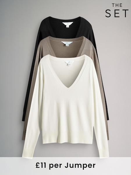 The Set Neutral 3 Pack V-Neck Fine Knit Jumpers (F44747) | €42