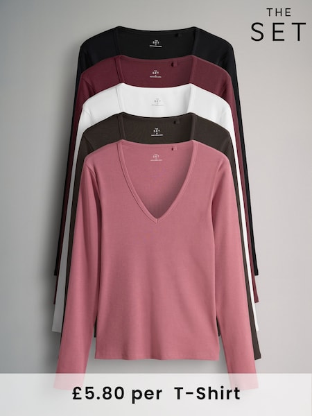 The Set 5 Pack Ribbed V-Neck Long Sleeve T-Shirts (F44758) | € 38