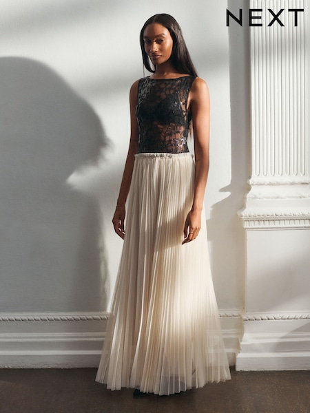 Black/White Occasion 2-In-1 Lace With Pleated Skirt Maxi Dress (F44837) | €88.50