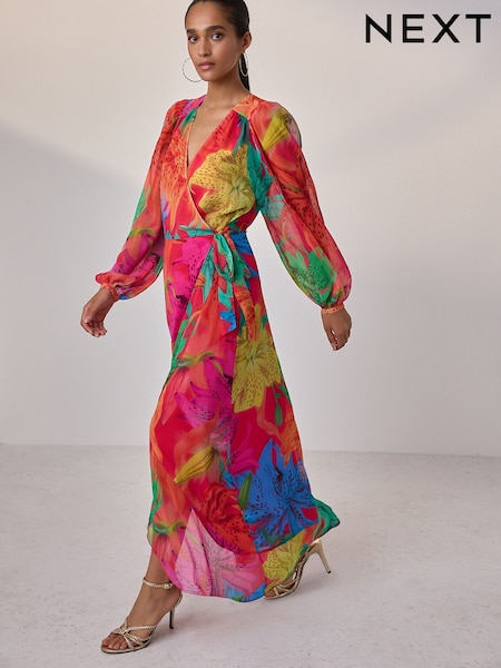 Kew Collection Bright Floral Occasion Long Sleeve Wrap Midi Dress (F44848) | €85