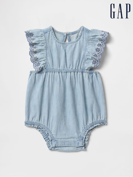 Gap Blue 100% Cotton Denim Ruffle Baby Bodysuit (Newborn-24mths) (F44865) | kr357