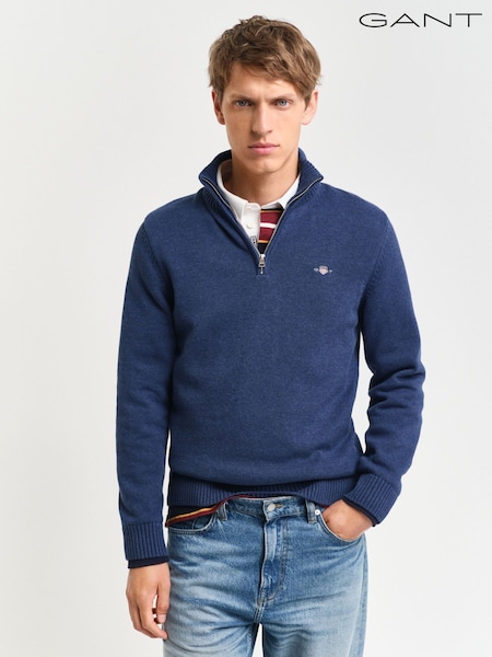Albastru - Pulover casual GANT din bumbac cu fermoar scurt (F45041) | 931 LEI