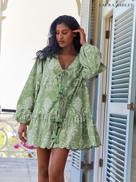 Laura Ashley Green Josette Cotton Tie Front Beach Cover-Up (F45075) | €74