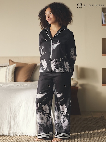 B by Ted Baker Black Bird Satin Button Through Pyjamas (F45094) | R$ 585
